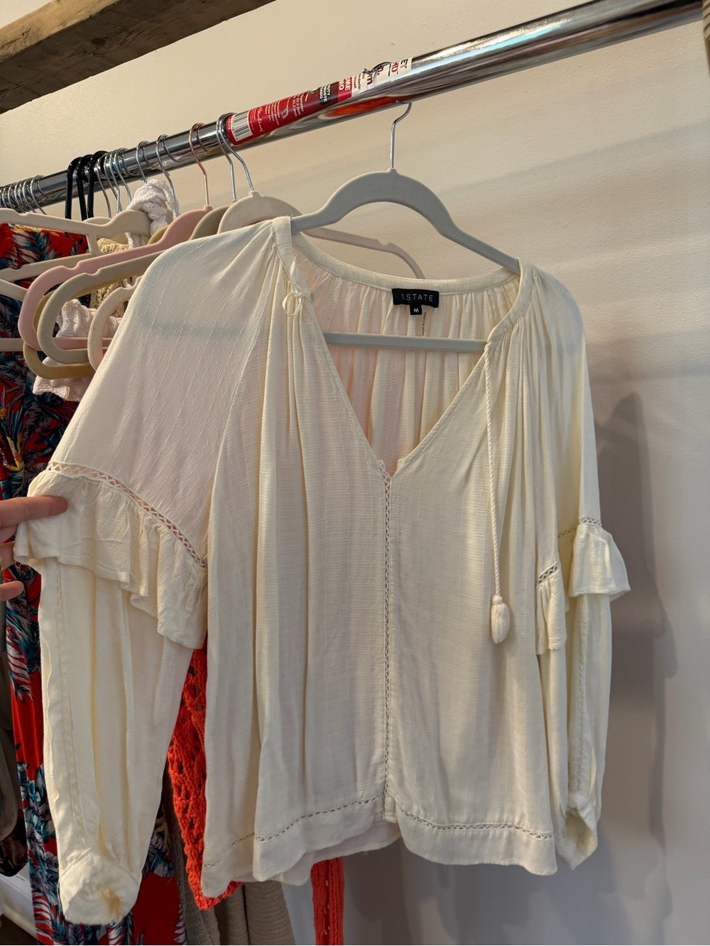 1. State Ivory Peasant Blouse with Tassel Tie